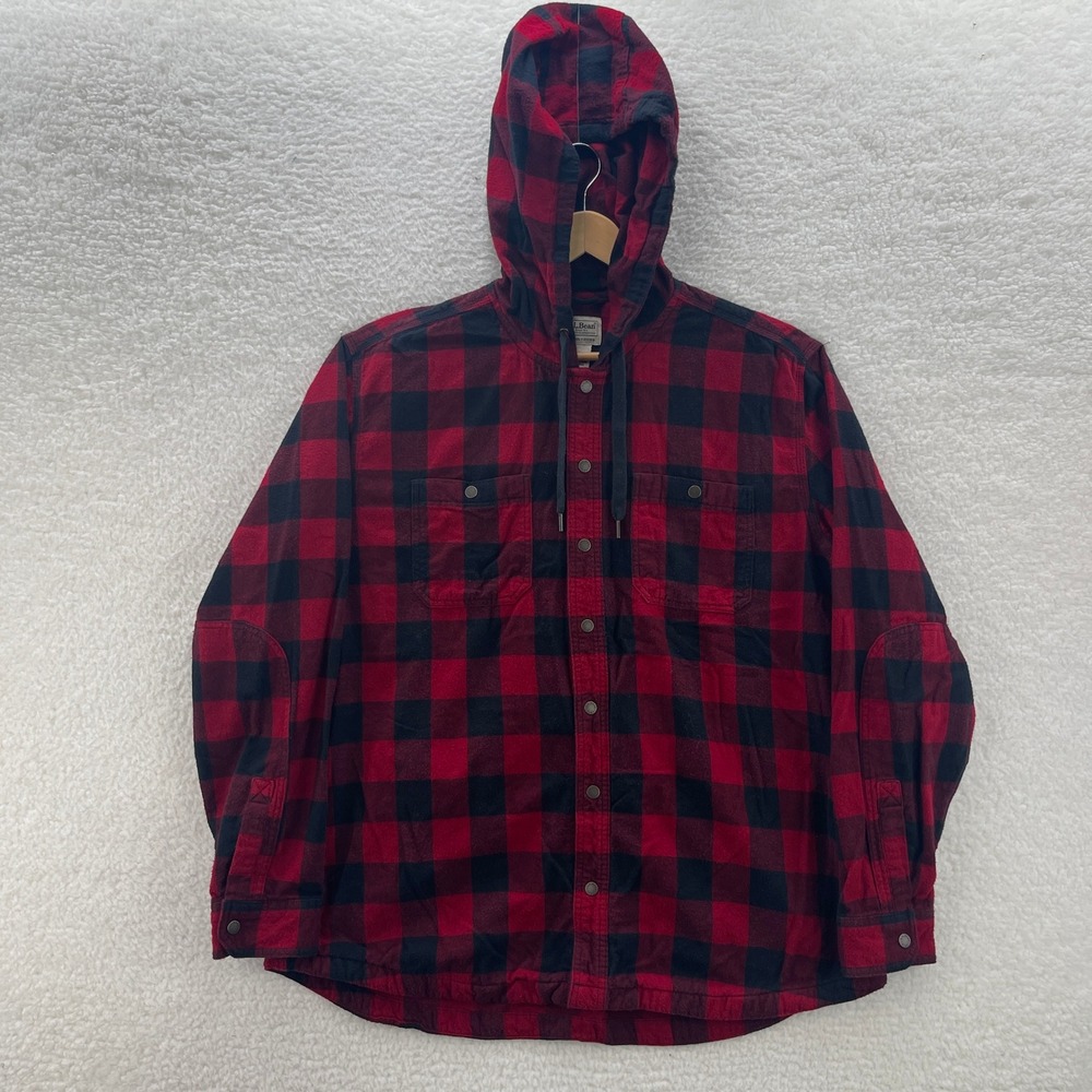LL Bean Hooded Shirt Mens XL Red Black Flannel Buffalo Plaid Shacket Outdoors